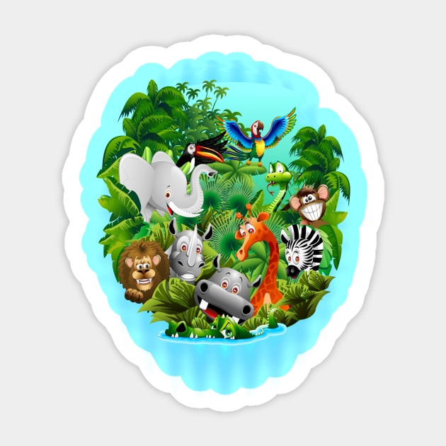 Wild Animals Cartoon on Jungle Sticker by BluedarkArt